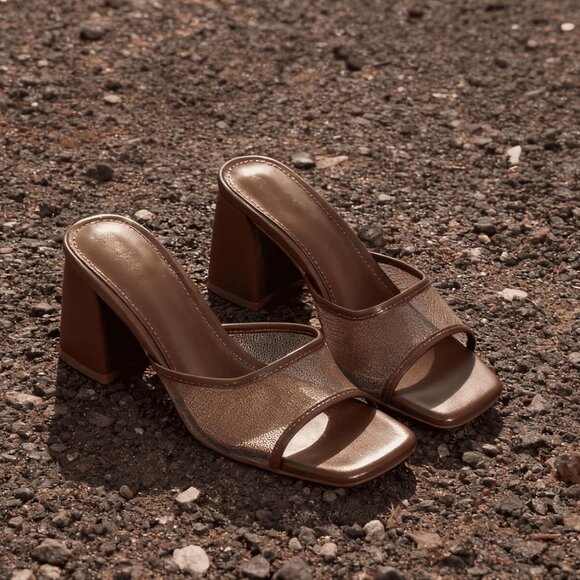 Women's Brown Mesh Slide Sandals Square Open Toe Mules Chunky Heels Slip On - Picture 3 of 6